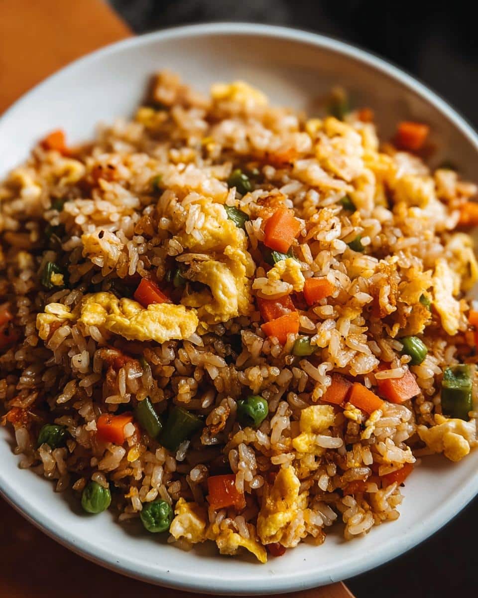 A close-up shot of a bowl filled with Easy Fried Rice with Eggs & Vegetables, featuring scrambled egg pieces, diced carrots, and green peas.