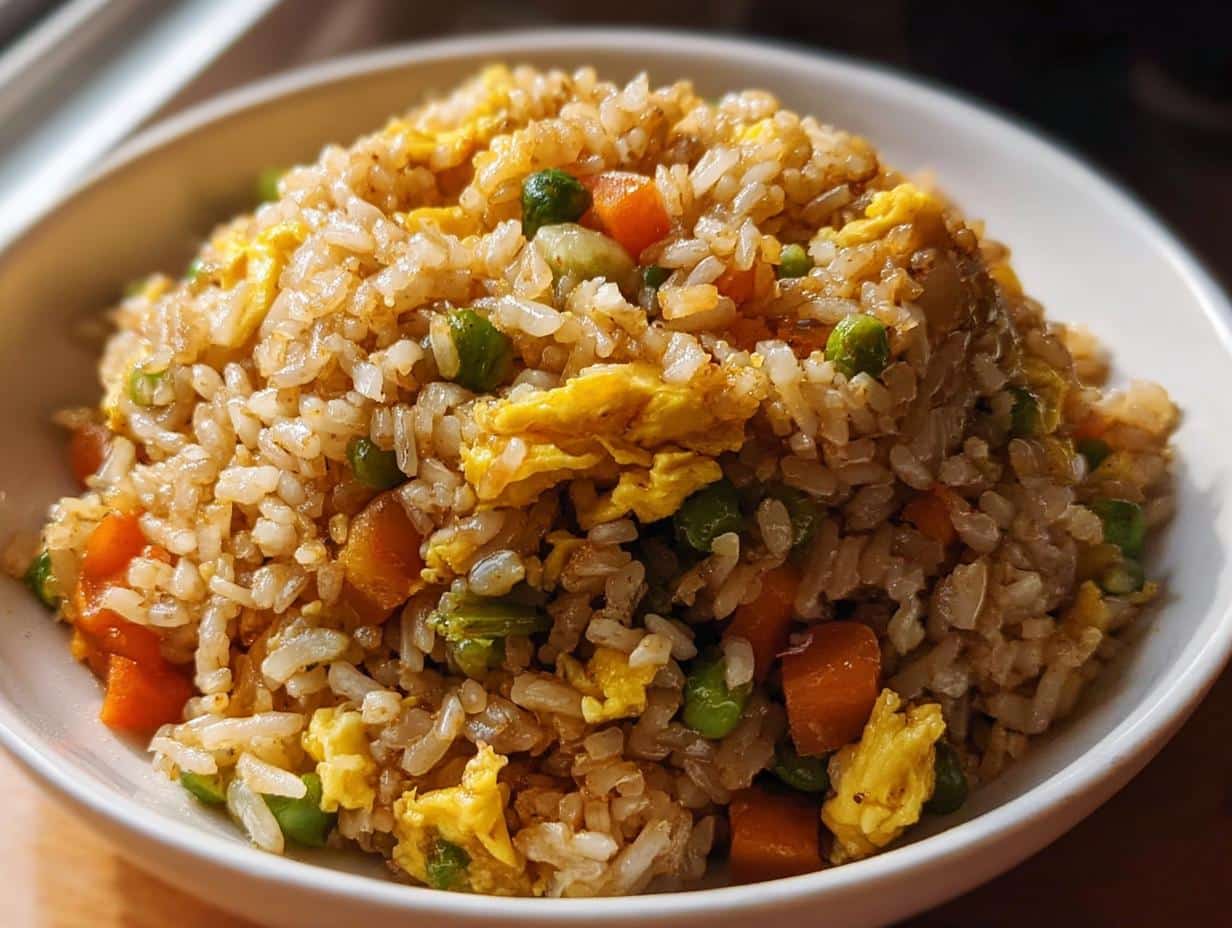 A close-up of a white bowl filled with Easy Fried Rice with Eggs & Vegetables, featuring bright orange carrots and green peas.