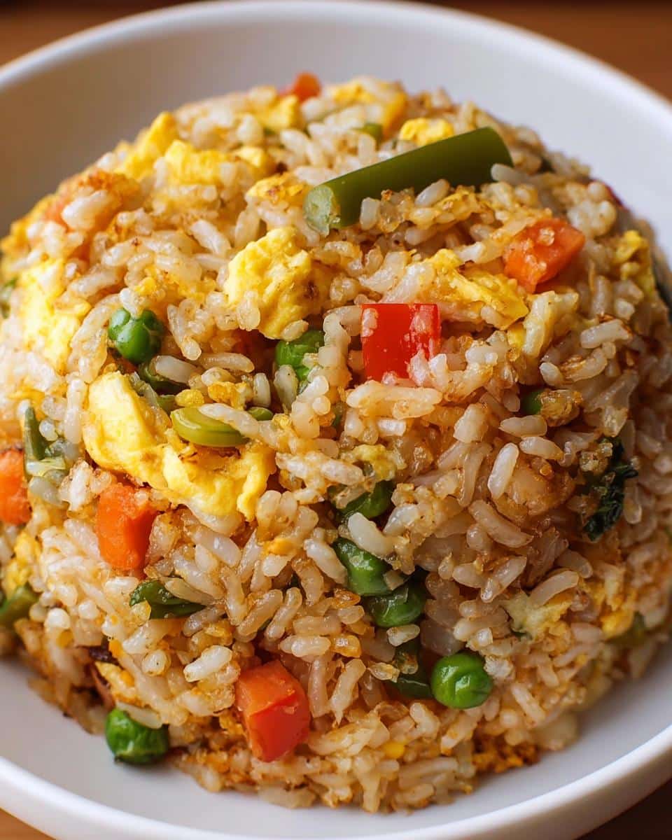 A close-up, overhead view of a serving of Easy Fried Rice with Eggs & Vegetables, featuring scrambled egg, peas, carrots, and green beans.