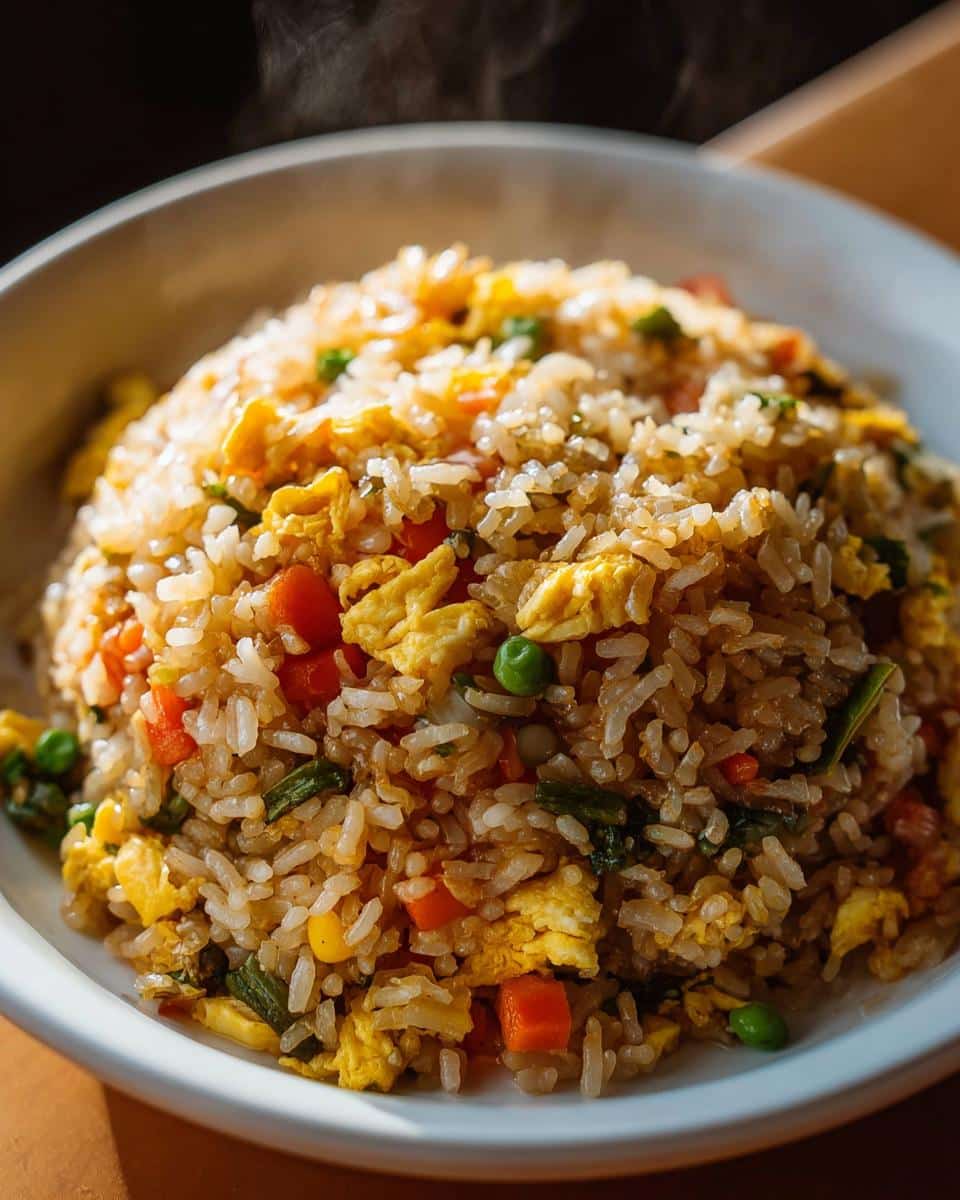 Close-up of a steaming white bowl filled with Easy Fried Rice with Eggs & Vegetables, featuring scrambled egg pieces, diced carrots, and green peas.