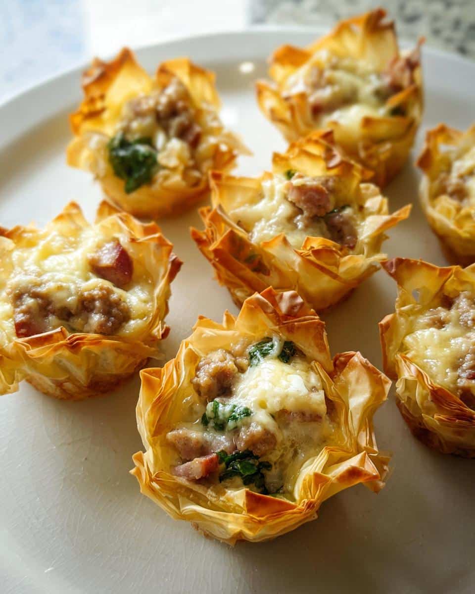 Close-up of several Easy Sausage Phyllo Cups with melted cheese and spinach filling.