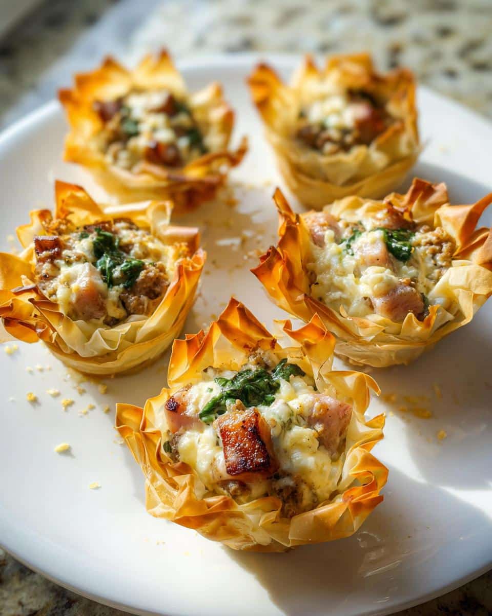 Four golden, crispy Easy Sausage Phyllo Cups filled with sausage, cheese, and spinach, served on a white plate.