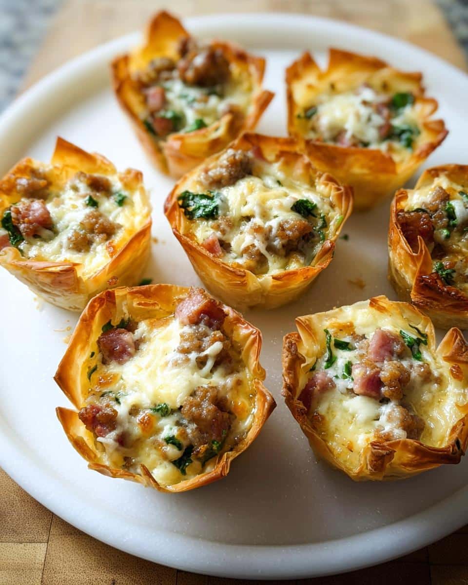Close-up of several golden Easy Sausage Phyllo Cups filled with sausage, ham, cheese, and spinach.