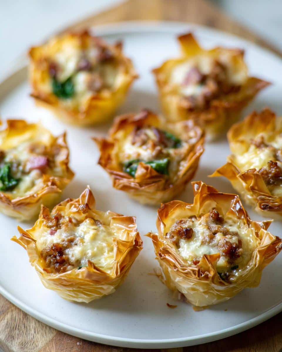 Close-up of several golden, flaky Easy Sausage Phyllo Cups filled with sausage and melted cheese.