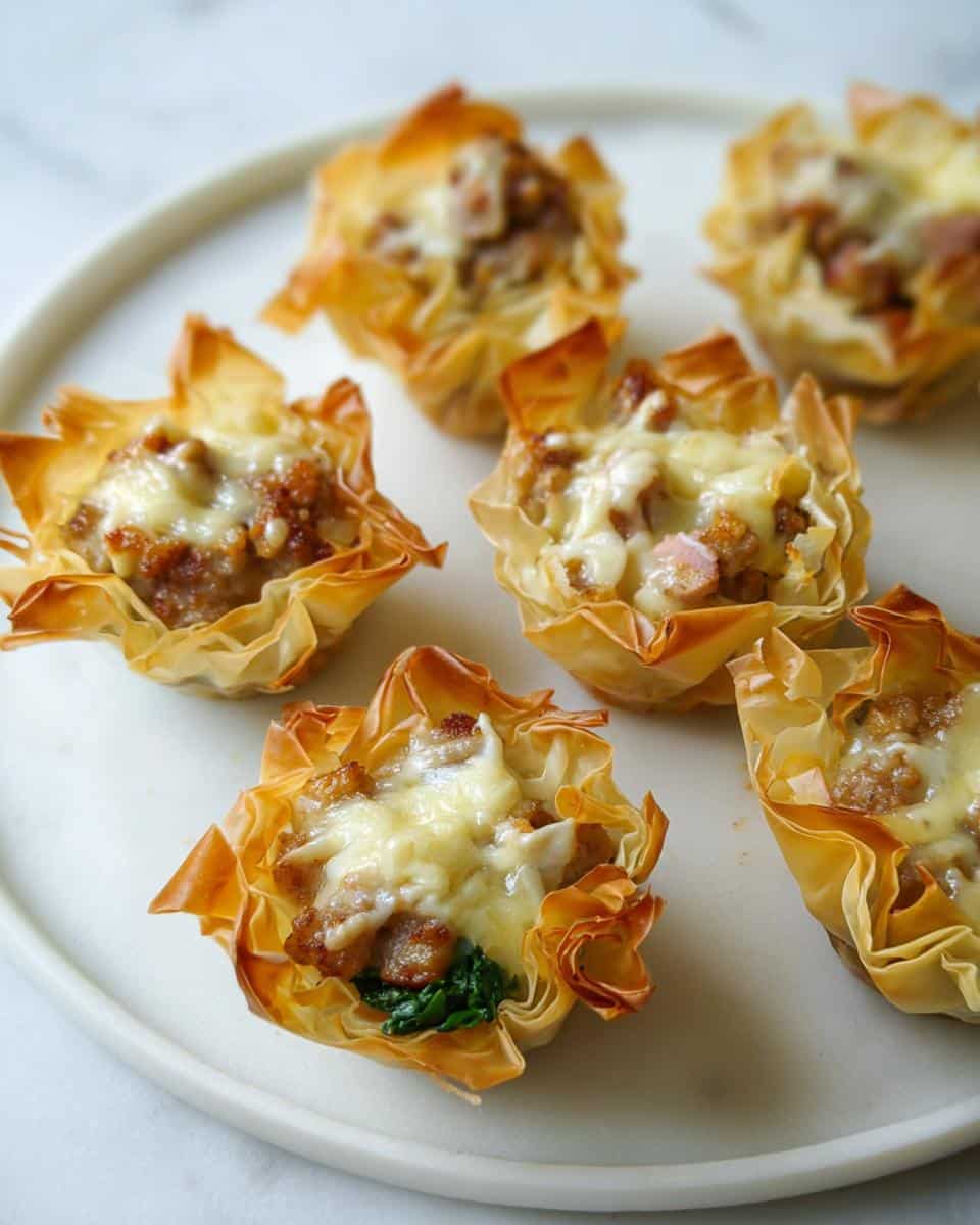Close-up of several Easy Sausage Phyllo Cups filled with sausage and topped with melted cheese, served on a white plate.
