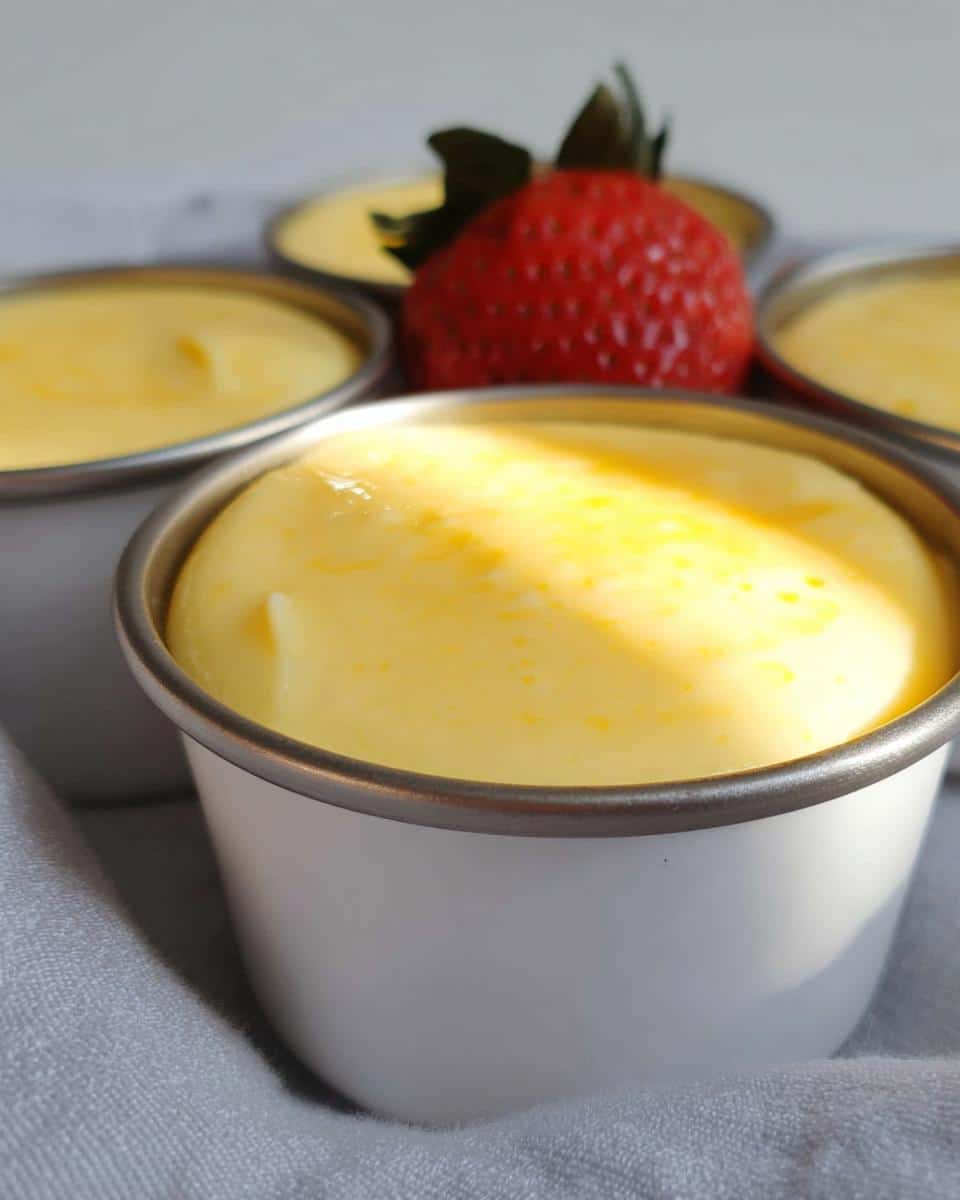Close-up of several Easy TM6 Vanilla Custard Pots, bright yellow and creamy, garnished with a fresh strawberry.
