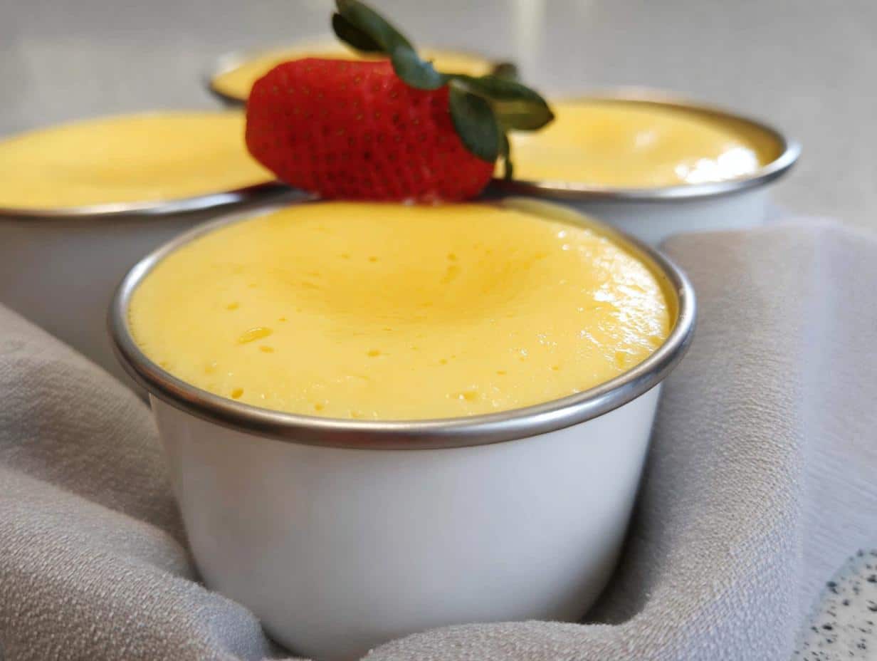 Close-up of creamy yellow Easy TM6 Vanilla Custard Pots topped with a fresh strawberry.