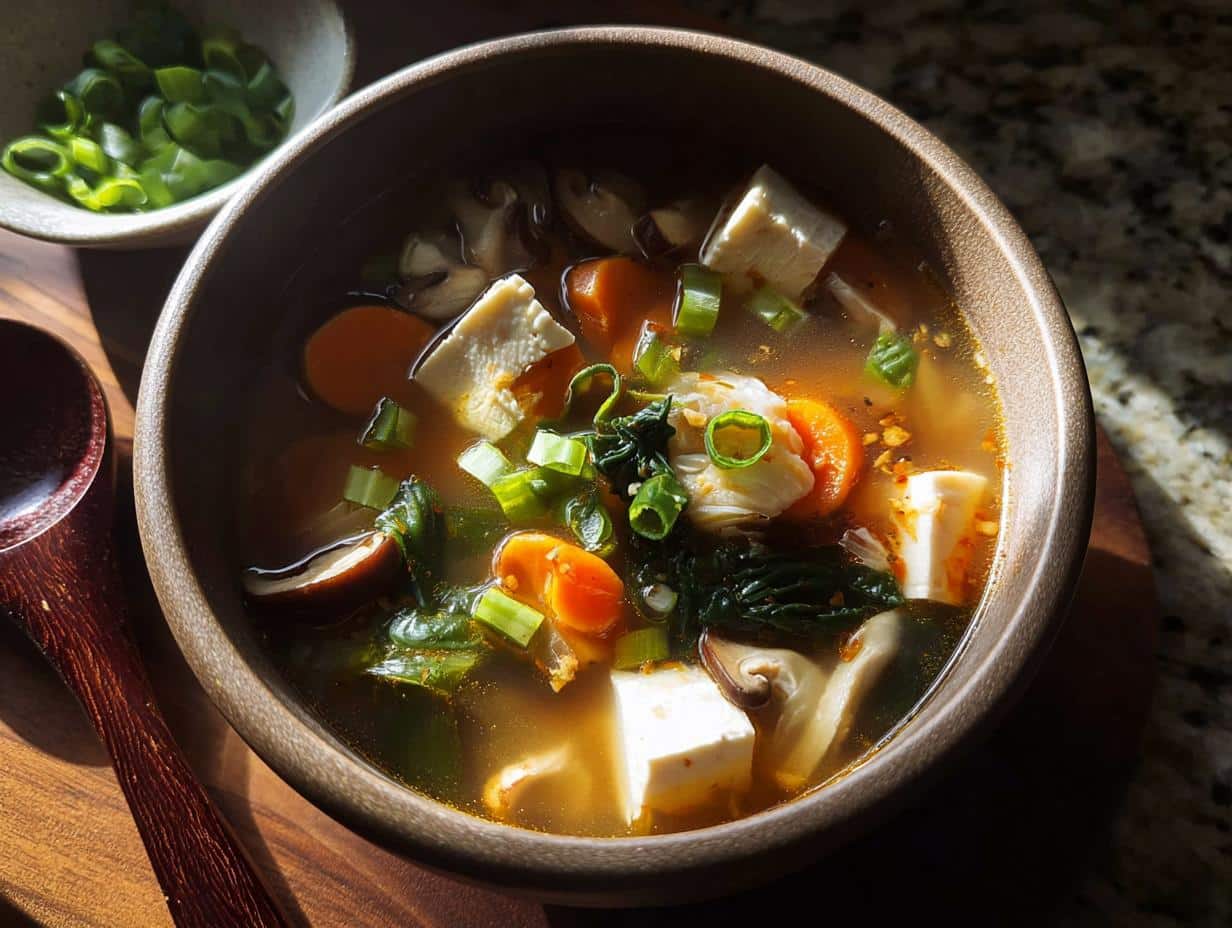A close-up of a bowl of Easy Vegetable Miso Soup featuring tofu cubes, sliced carrots, mushrooms, and green onions.