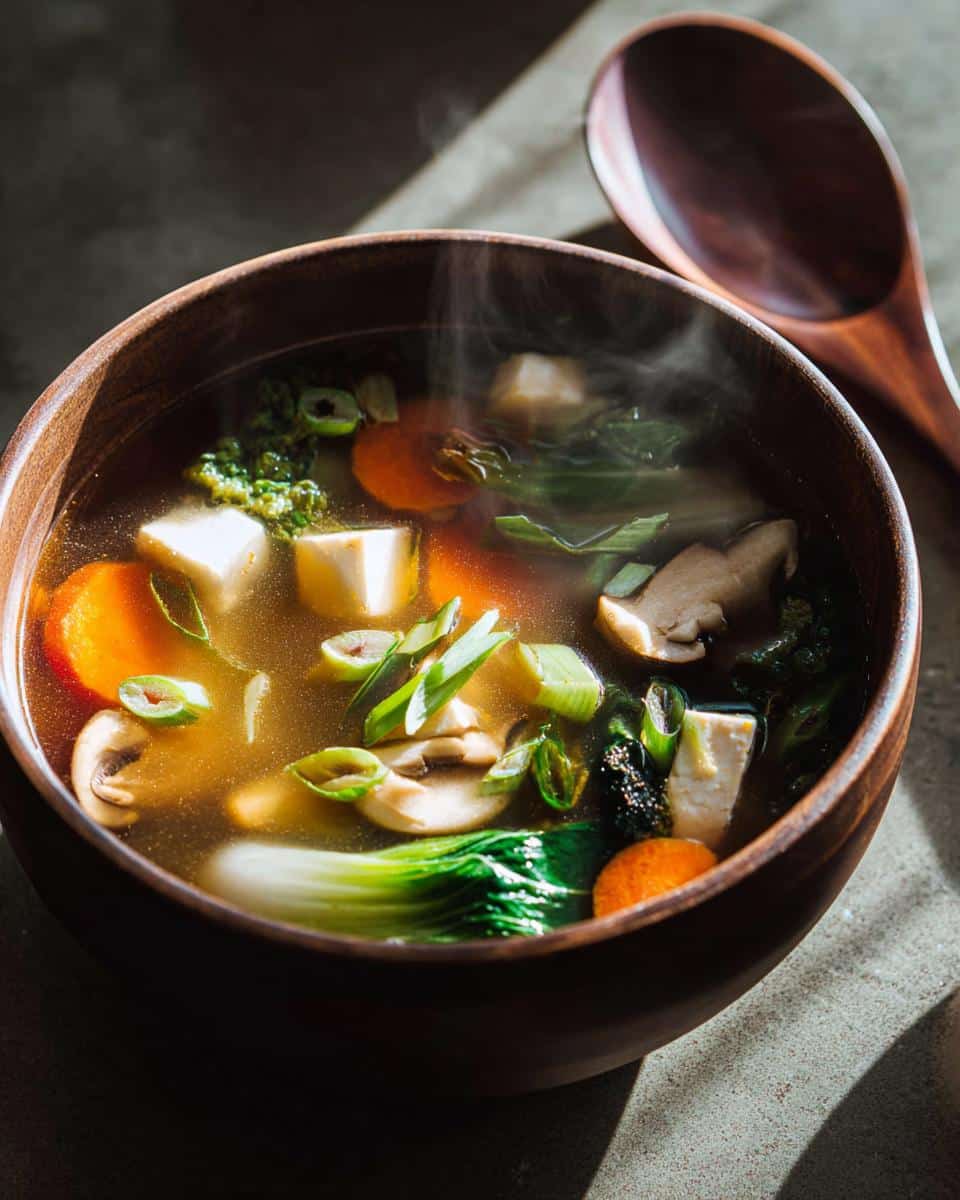 A close-up of steaming Easy Vegetable Miso Soup filled with tofu, carrots, mushrooms, and bok choy in a dark wooden bowl.