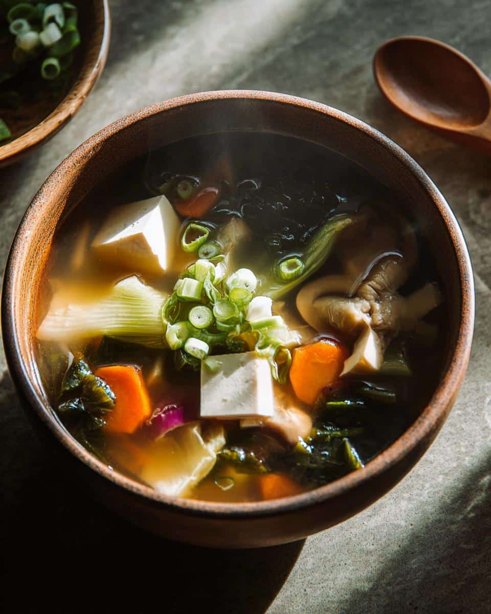 A close-up, top-down view of a steaming bowl of Easy Vegetable Miso Soup with tofu, carrots, mushrooms, and scallions.