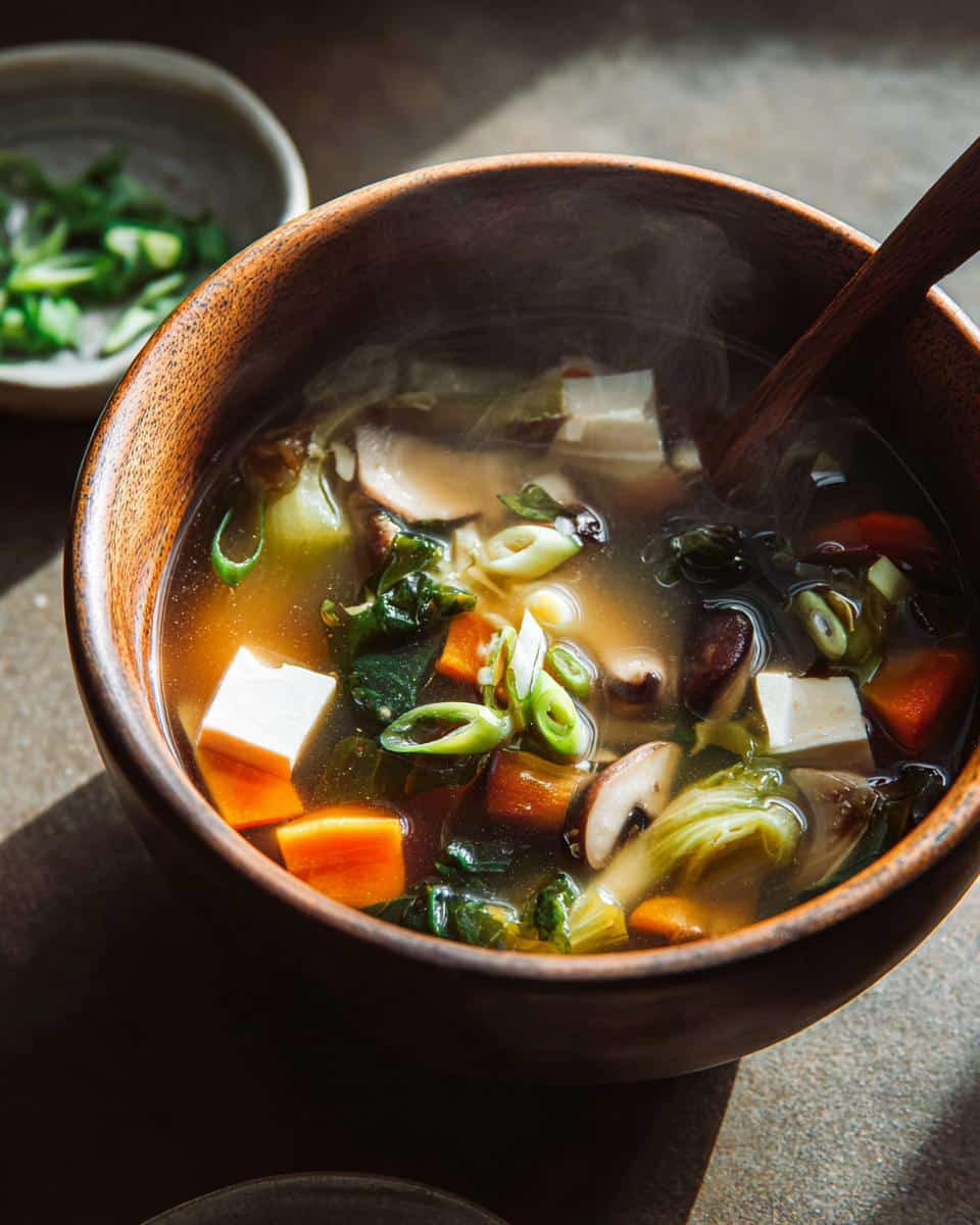 Close-up of a steaming bowl of Easy Vegetable Miso Soup featuring tofu cubes, carrots, mushrooms, and scallions.
