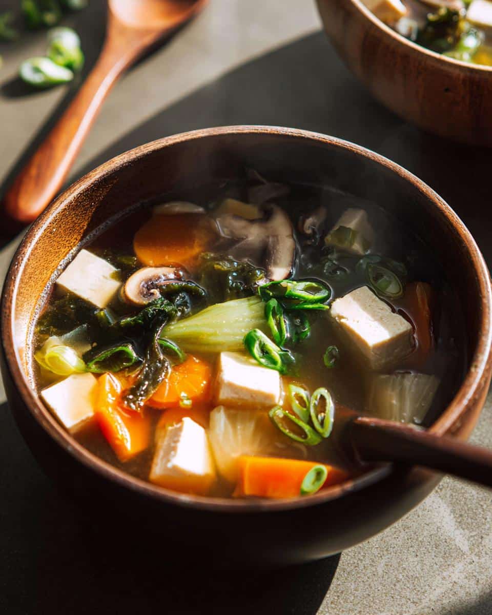 Close-up of steaming Easy Vegetable Miso Soup featuring tofu cubes, carrots, mushrooms, and scallions in a dark wooden bowl.