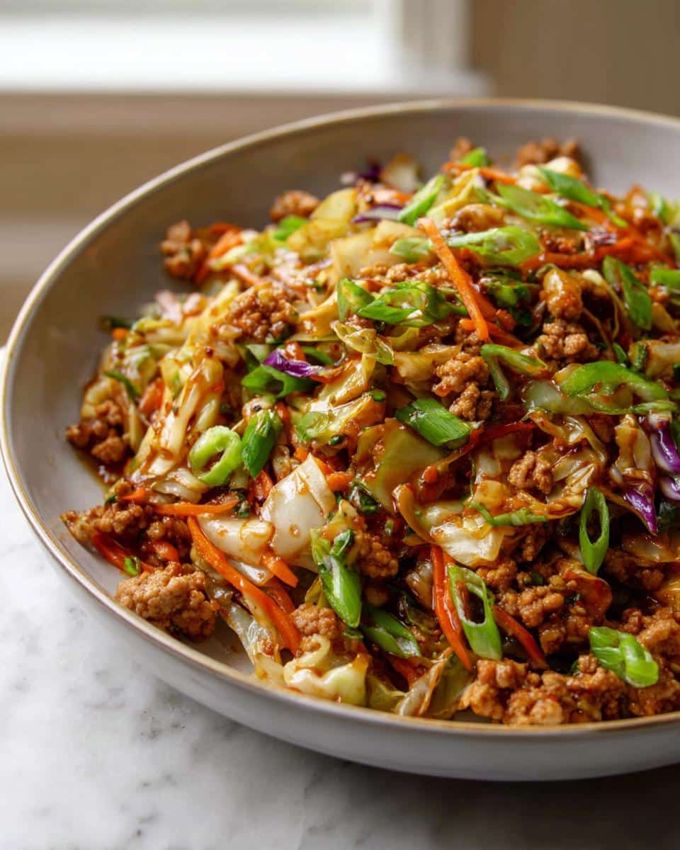 A close-up of a bowl filled with flavorful Egg Roll in a Bowl, featuring ground meat, shredded cabbage, carrots, and green onions.