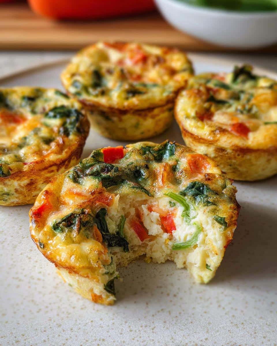 Four baked Egg White Veggie Muffins on a plate, one showing a bite taken out, revealing spinach and red pepper filling.