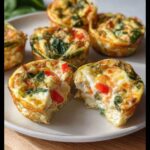 A close-up of several baked Egg White Veggie Muffins, one cut open showing the fluffy interior with spinach and red peppers.
