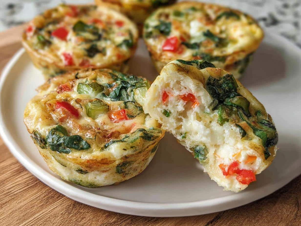 A plate featuring several fluffy Egg White Veggie Muffins, one cut in half showing spinach and red pepper filling.