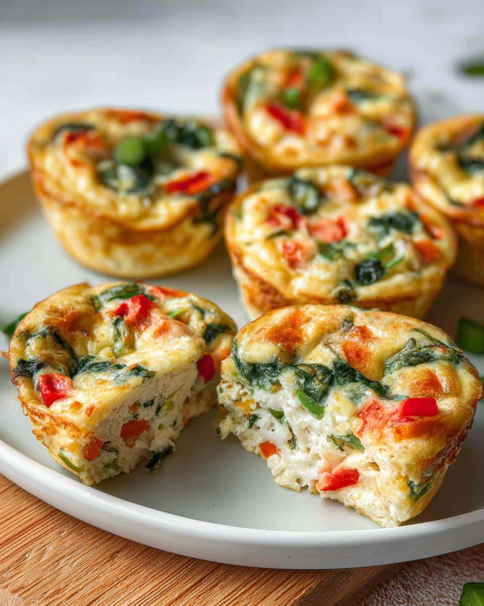 A plate of baked Egg White Veggie Muffins, with one muffin cut in half showing the fluffy interior and colorful vegetables.