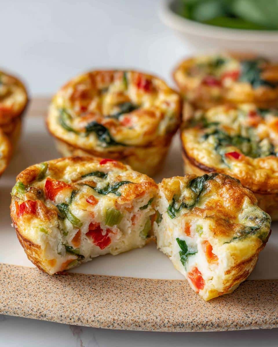 One of the Egg White Veggie Muffins is cut in half, showing the fluffy interior packed with spinach and red peppers.