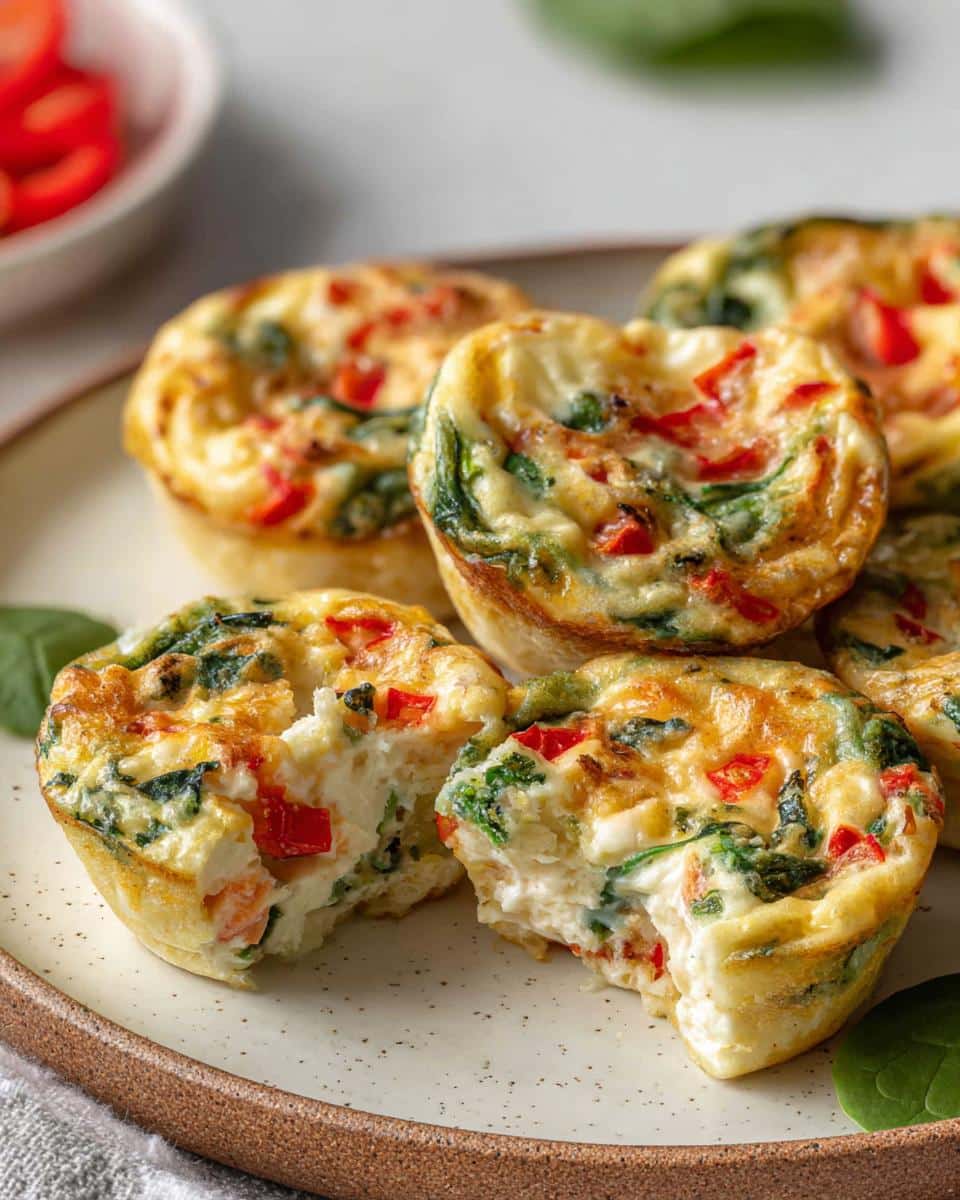 A plate of fluffy Egg White Veggie Muffins filled with spinach and red peppers, one muffin is broken open.