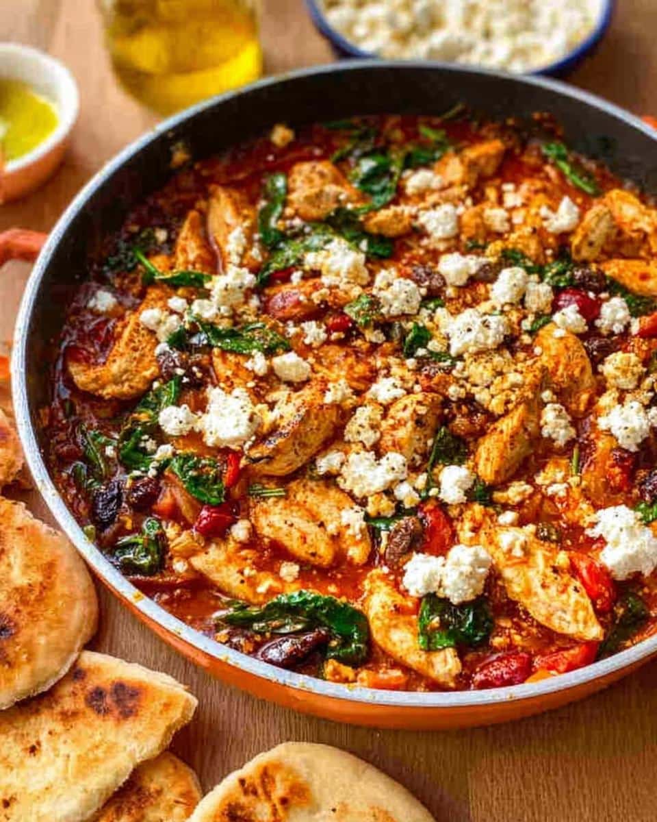 A close-up of the Fast Mediterranean Chicken Skillet, featuring chicken pieces in a rich tomato sauce topped with crumbled feta and spinach.