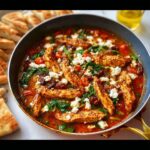 A close-up of Fast Mediterranean Chicken Skillet in a pan with tomatoes, spinach, and crumbled feta cheese.