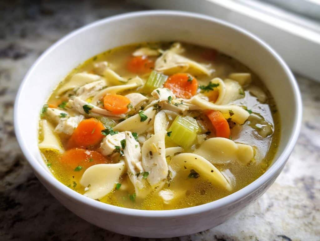 A close-up of a white bowl filled with rich Chicken Noodle Soup featuring shredded chicken, wide egg noodles, carrots, and celery.