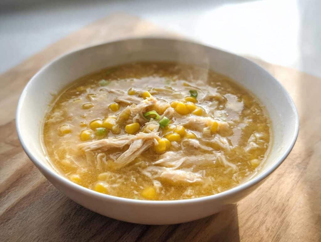 A close-up of a steaming white bowl filled with thick Chicken & Sweet Corn Soup, topped with shredded chicken and green onions.