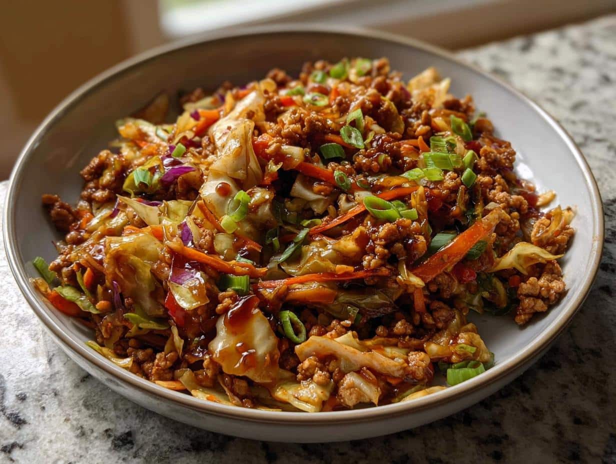 A close-up of a hearty serving of Egg Roll in a Bowl featuring ground meat, cabbage, carrots, and green onions.