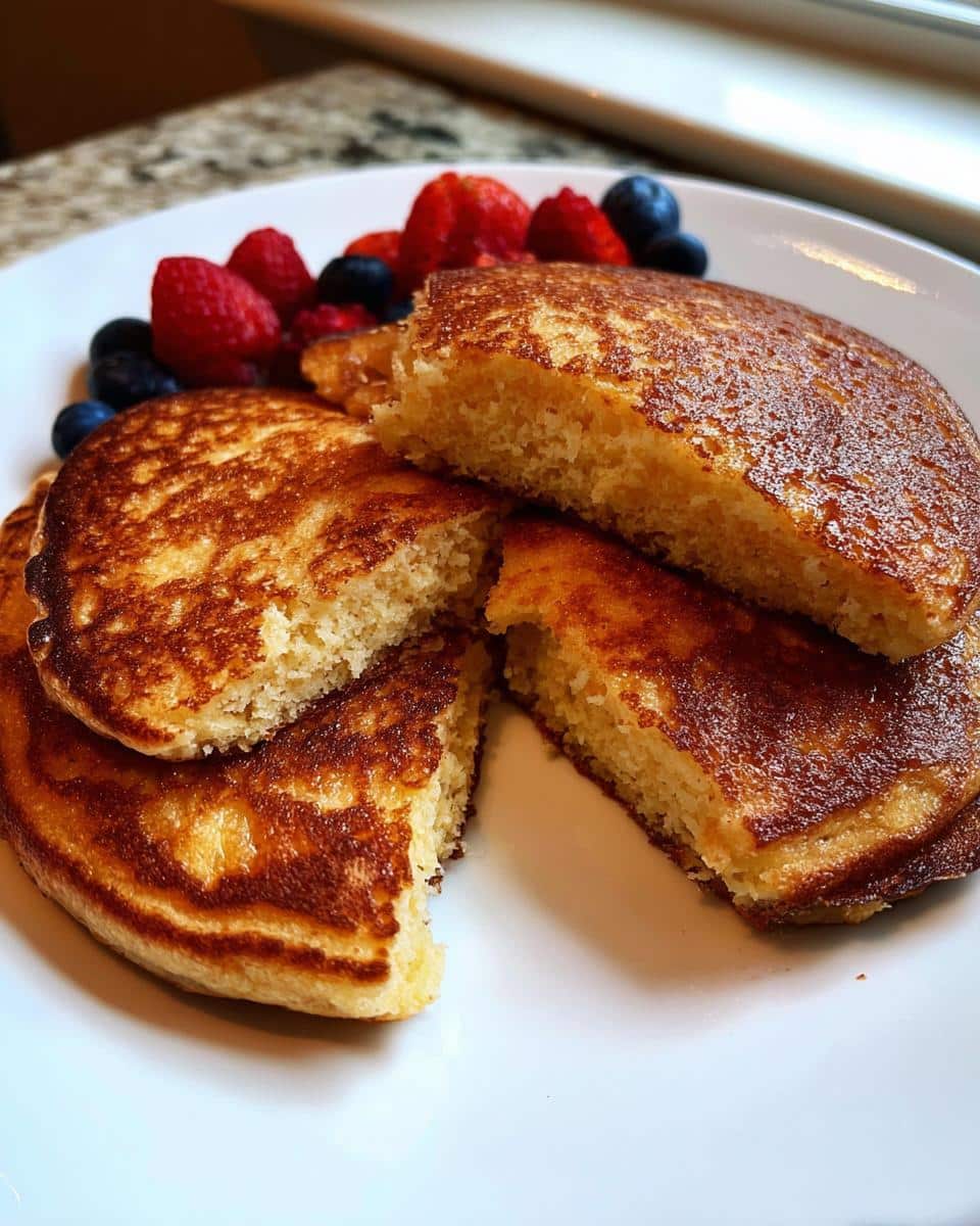 Close-up of fluffy Keto Almond Flour Pancakes cut open, served with fresh strawberries and blueberries.