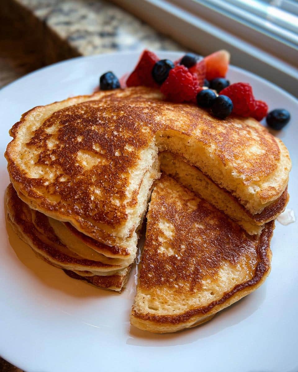 A stack of fluffy Keto Almond Flour Pancakes, cut to show the texture, topped with fresh blueberries, raspberries, and strawberries.