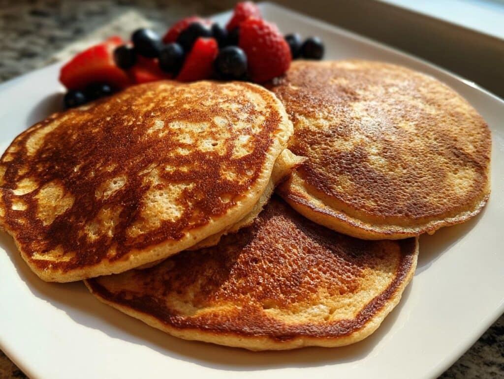 A stack of three golden-brown Keto Almond Flour Pancakes served with fresh strawberries and blueberries.