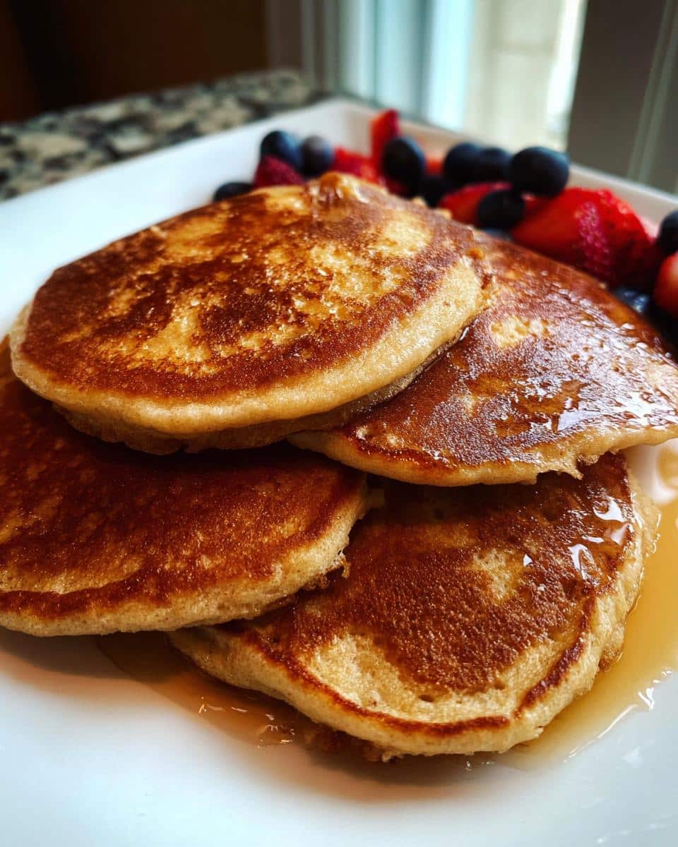 A stack of golden brown Keto Almond Flour Pancakes drizzled with syrup and served with fresh blueberries and strawberries.