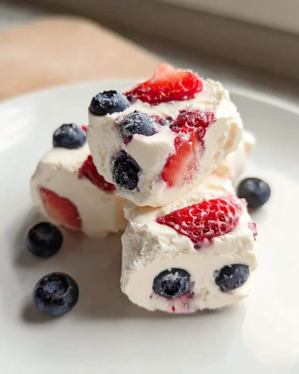 Three stacked pieces of Frozen Yogurt Berry Bites featuring yogurt mixed with strawberries and blueberries.