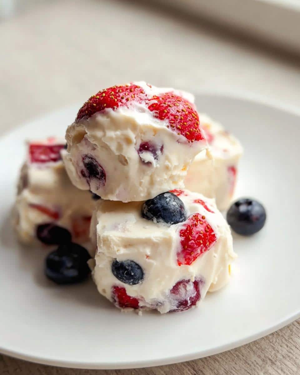 Close-up of stacked Frozen Yogurt Berry Bites studded with fresh blueberries and strawberries on a white plate.