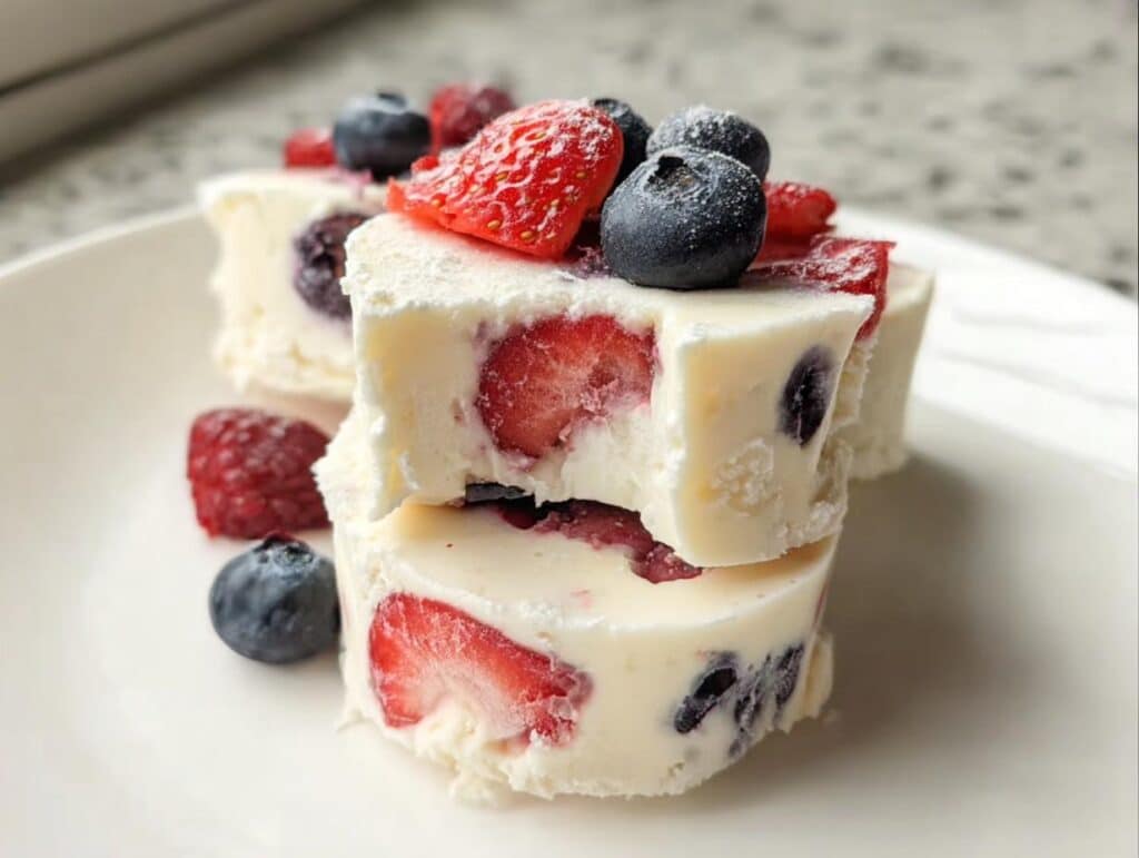 Two stacked Frozen Yogurt Berry Bites showing frozen yogurt studded with strawberries and blueberries, topped with fresh berries.