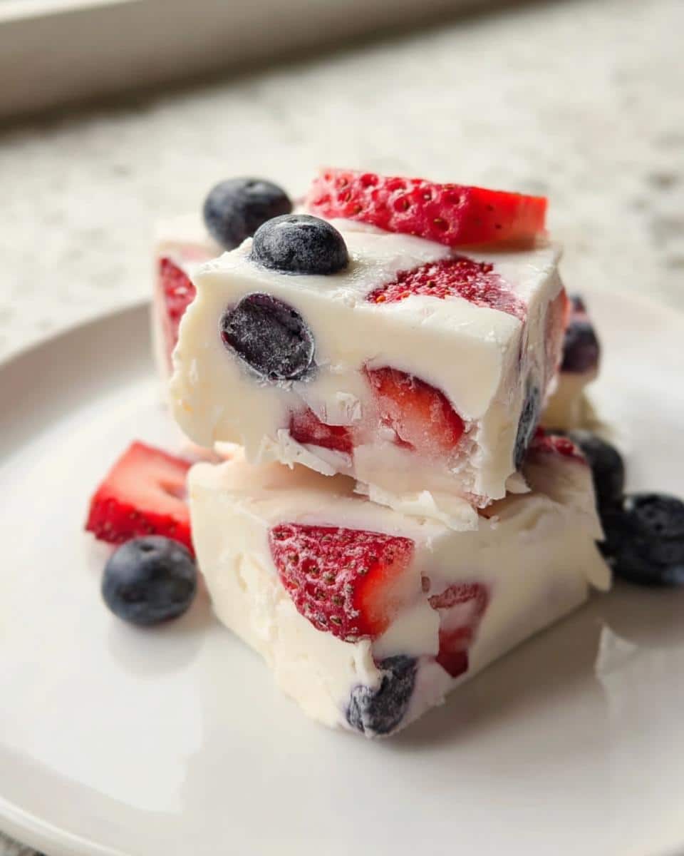 Two stacked squares of Frozen Yogurt Berry Bites featuring white yogurt embedded with frozen strawberries and blueberries.