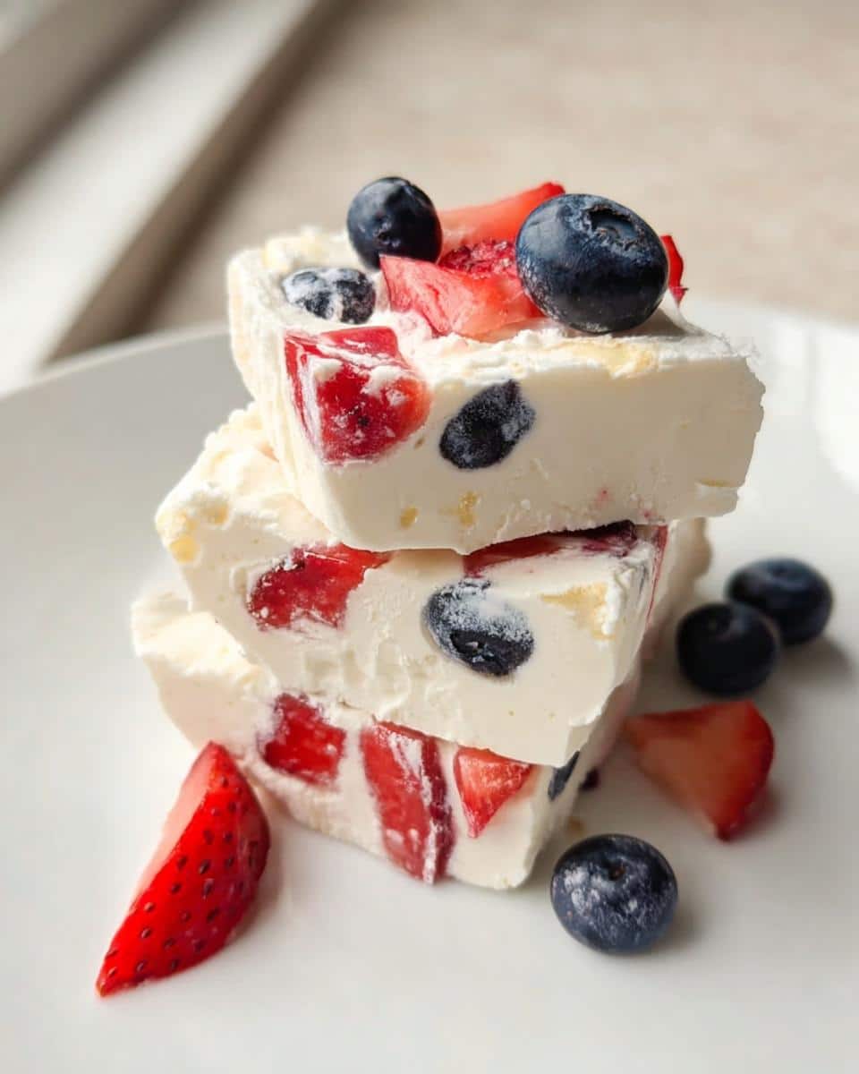 Three stacked squares of Frozen Yogurt Berry Bites filled with strawberries and blueberries, garnished on top.