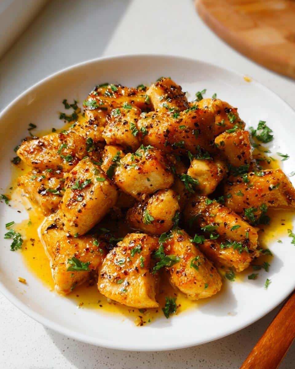 A plate piled high with golden brown Garlic Butter Chicken Bites glistening in sauce and topped with fresh parsley.