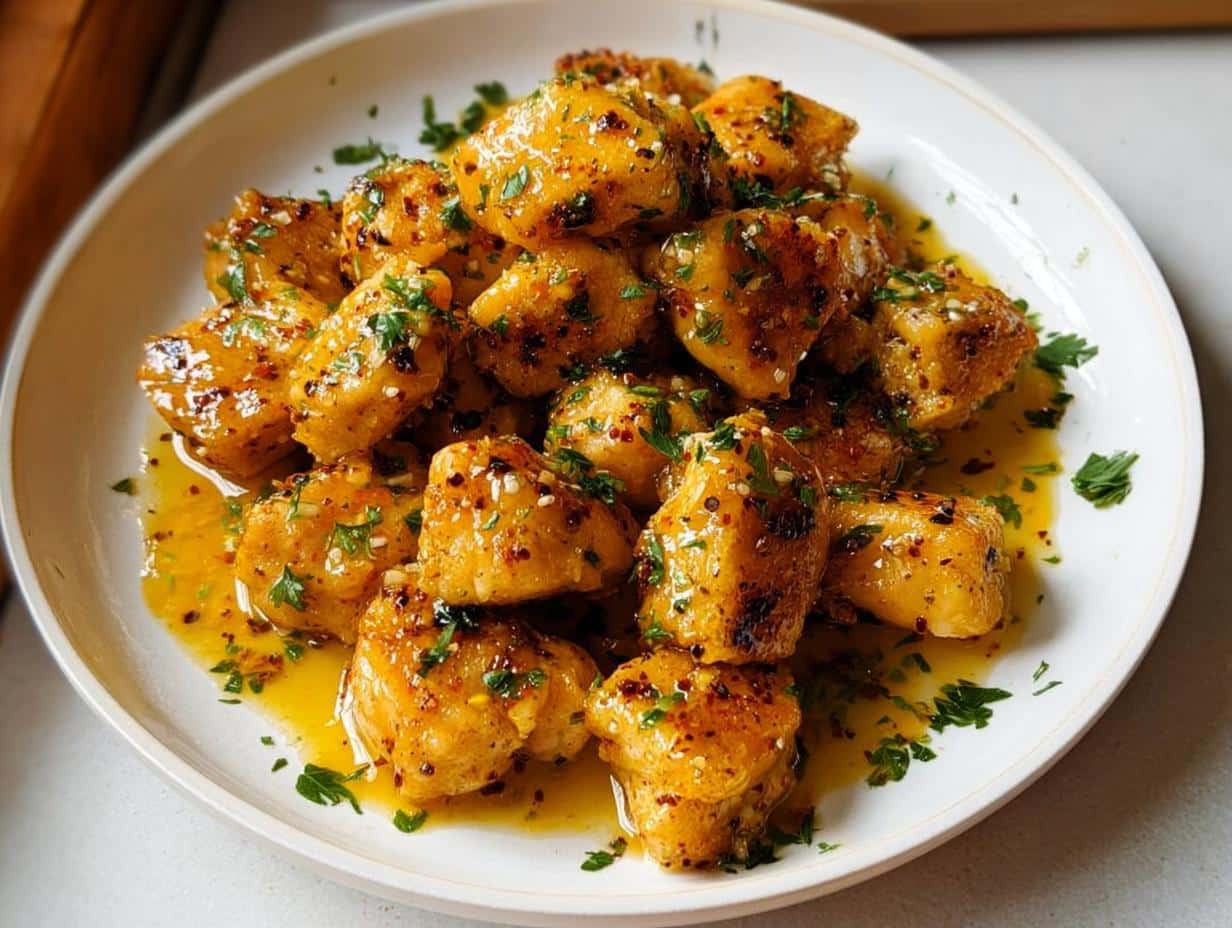 A white plate piled high with golden brown Garlic Butter Chicken Bites coated in glossy sauce and fresh parsley.