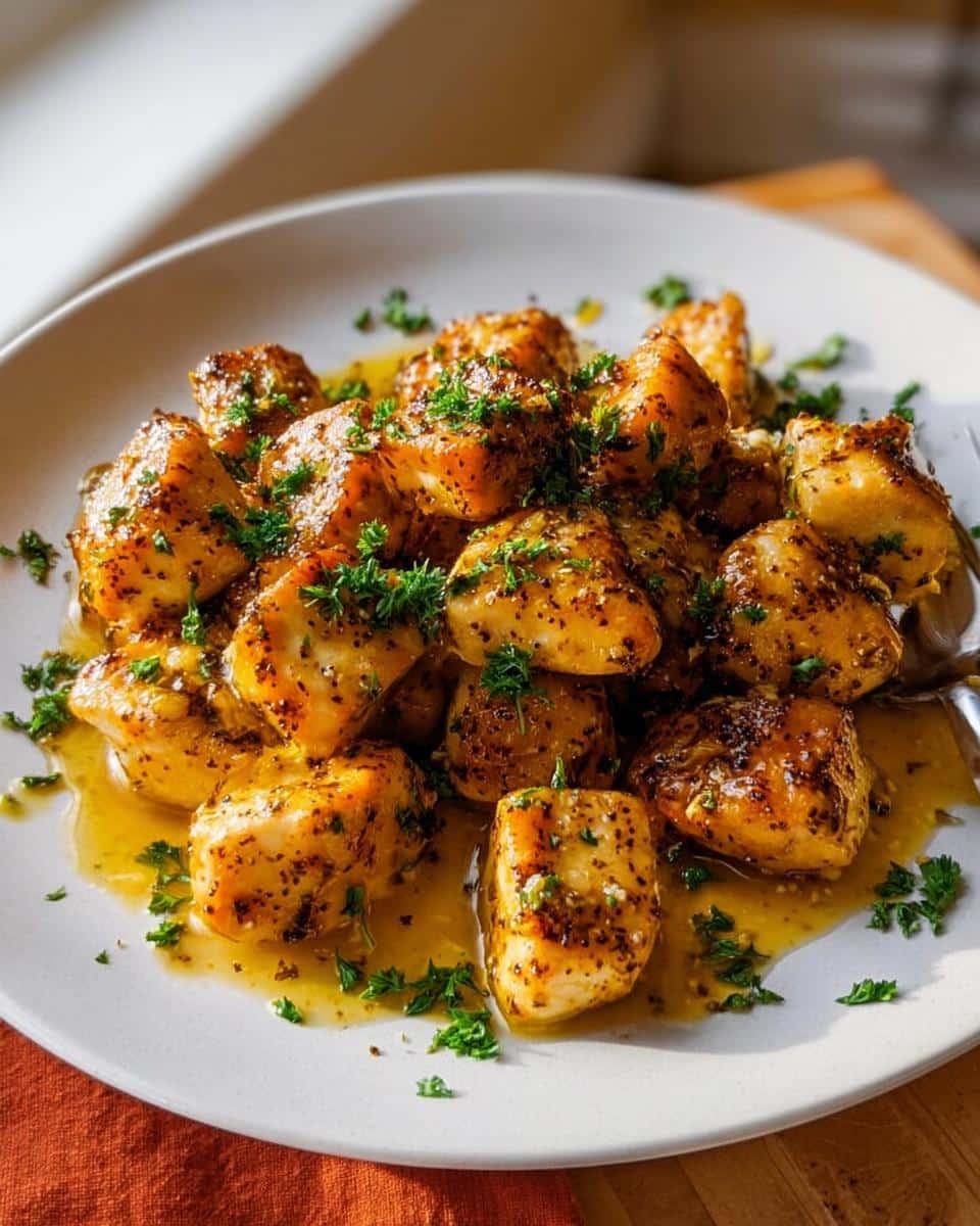 A white plate filled with glistening Garlic Butter Chicken Bites coated in sauce and topped with fresh parsley.