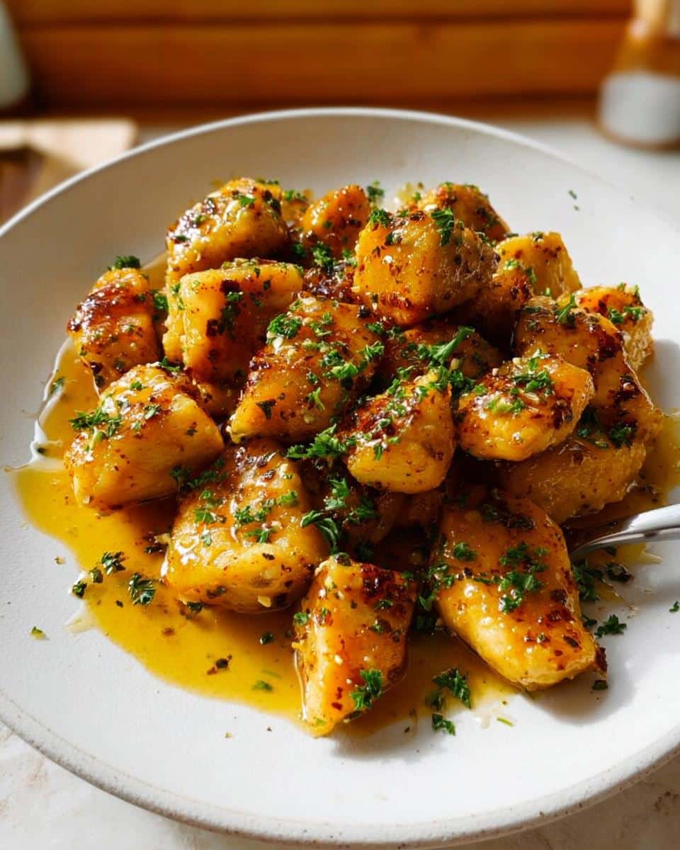 Close-up of golden brown Garlic Butter Chicken Bites coated in glossy sauce and topped with fresh parsley.