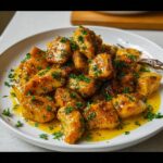 A close-up of golden brown Garlic Butter Chicken Bites smothered in sauce and topped with fresh parsley on a white plate.