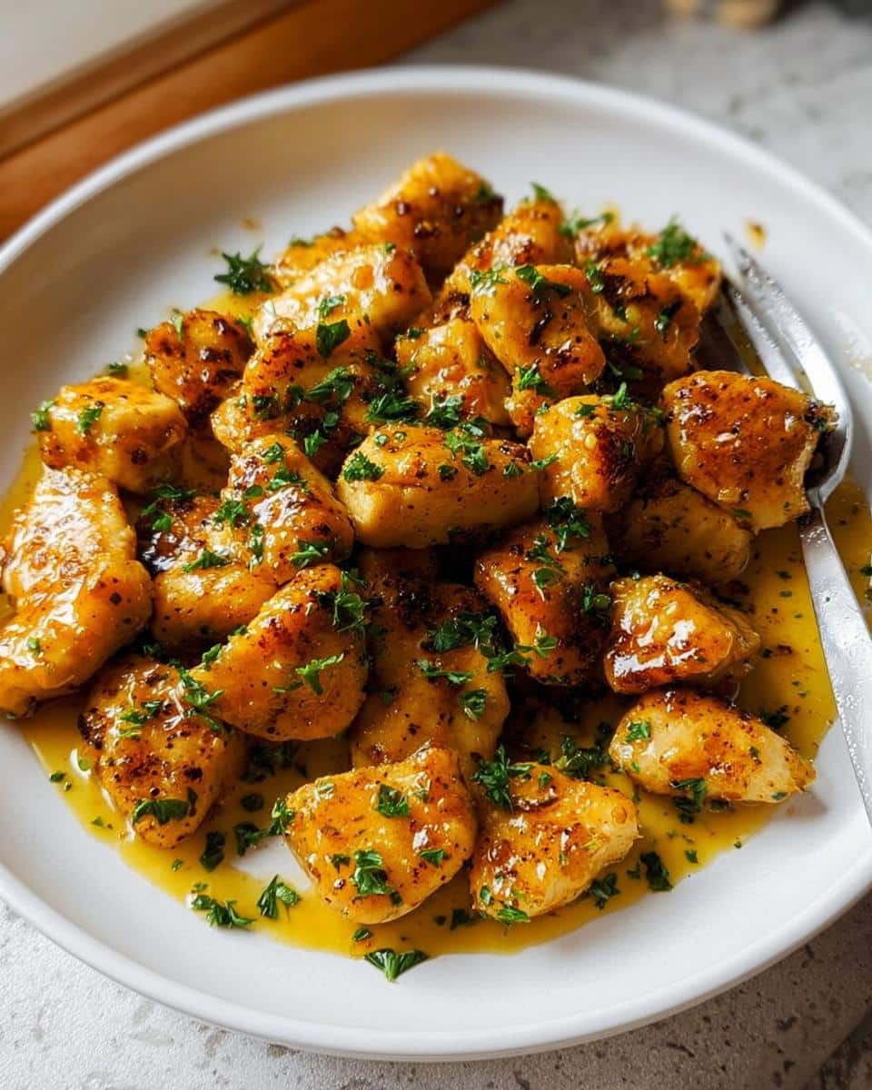 Close-up of golden Garlic Butter Chicken Bites coated in rich garlic butter sauce and sprinkled with fresh parsley.