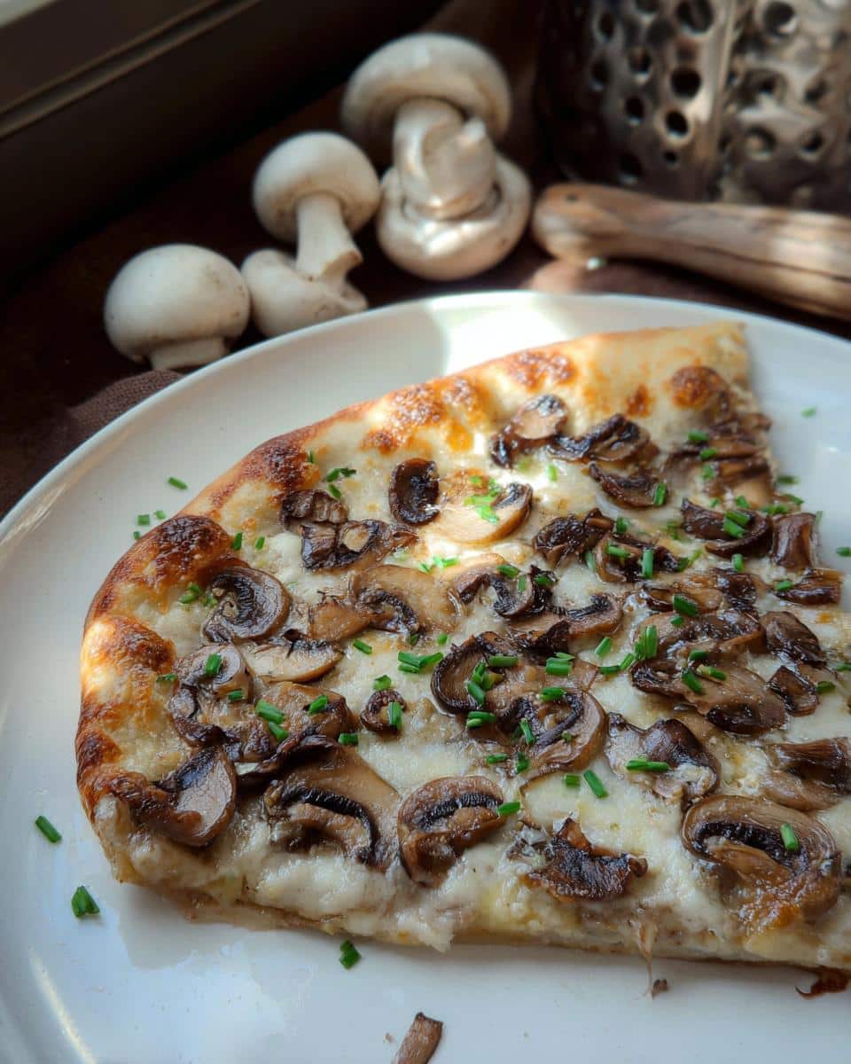 A close-up of a slice of Garlic Mushroom White Pizza topped with sautéed mushrooms and fresh chives.