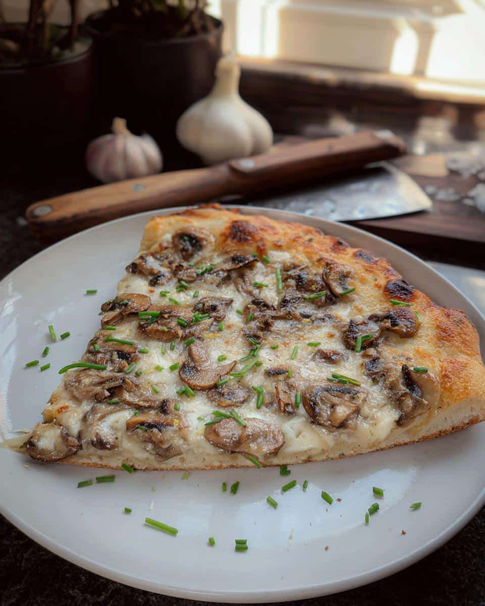 A slice of Garlic Mushroom White Pizza topped with melted cheese, sautéed mushrooms, and fresh chives, served on a white plate.