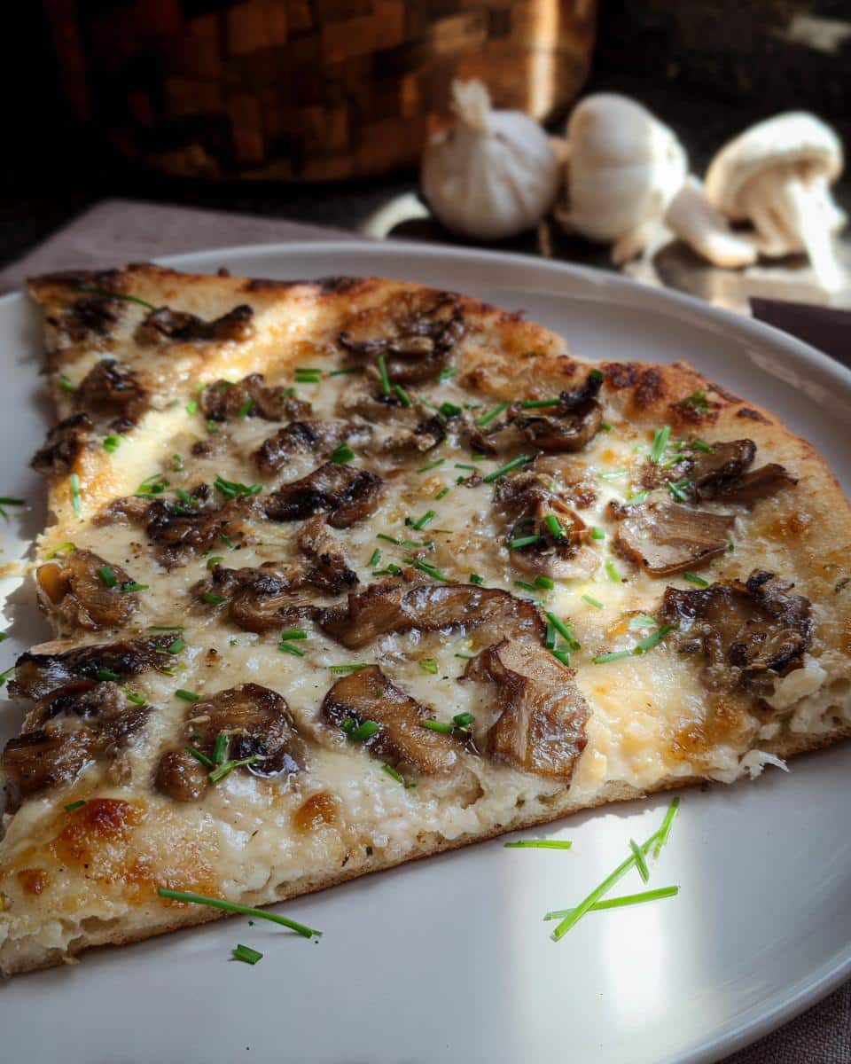 A close-up of a slice of Garlic Mushroom White Pizza topped with melted cheese and fresh chives.