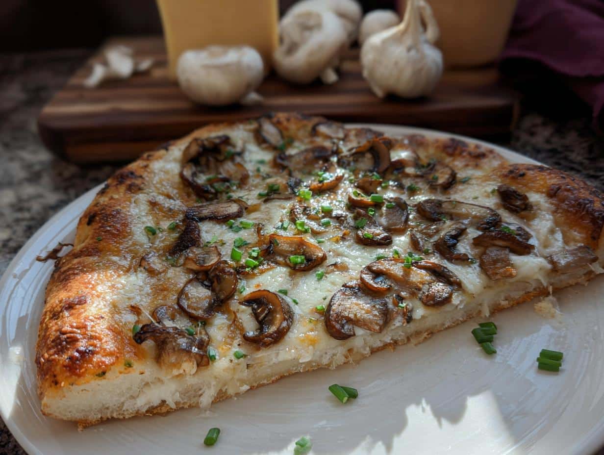 A close-up slice of Garlic Mushroom White Pizza showing melted cheese, sautéed mushrooms, and fresh chives on a white plate.