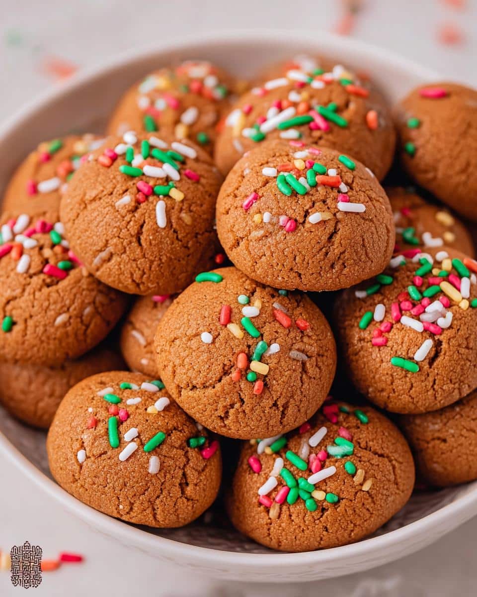 A close-up of a bowl filled with soft, round Gingerbread Cookie Bites topped with colorful red, green, and white sprinkles.