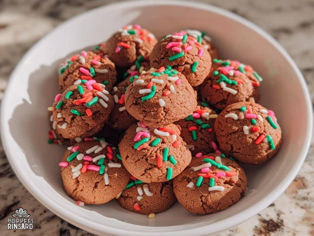 A white bowl filled with small, round Gingerbread Cookie Bites topped with festive pink, green, and white sprinkles.