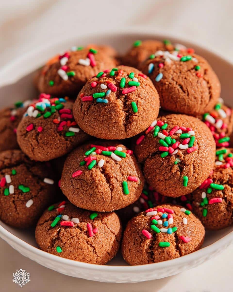 Close-up of a white bowl filled with soft, round Gingerbread Cookie Bites topped with red, green, and white sprinkles.